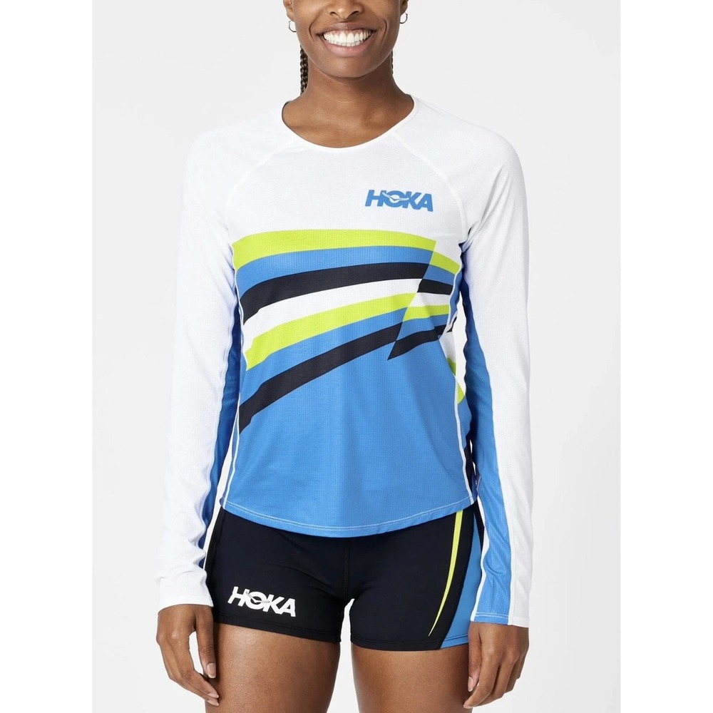 Hoka One One Womens Performance Long Sleeve Running‎ Top Blue White Graphic M